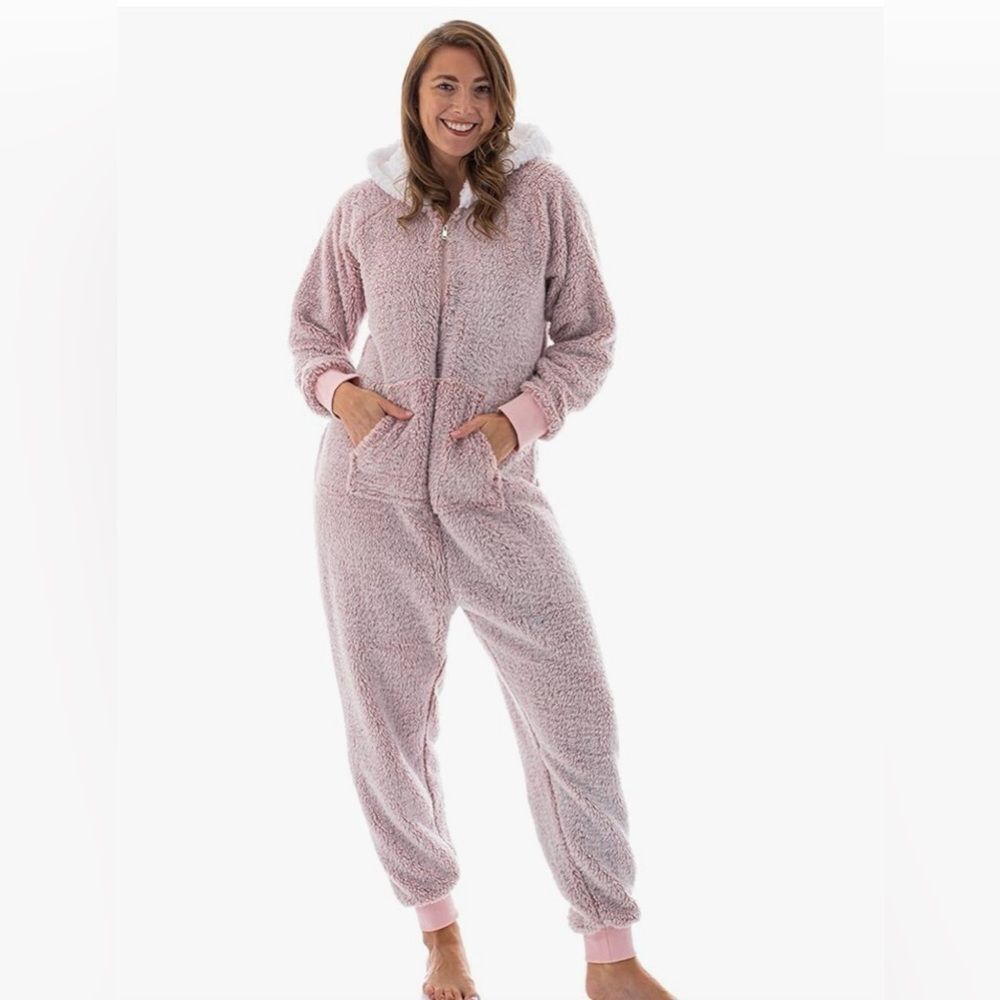 Pink Sherpa Fleece Hooded Onesie Pajamas | Cozy Lounge | Women’s